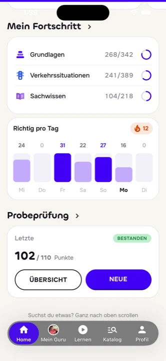 DriveGuru-App: Mein Fortschritt, Probeprüfung mit 102 von 110 Punkten bestanden