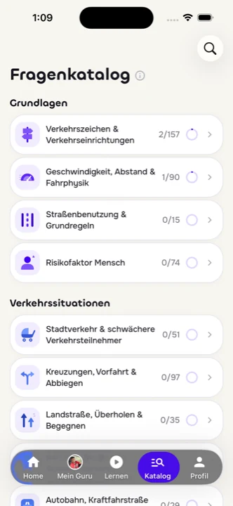 DriveGuru-App: Fragenkatalog nach Themen, mit Fortschritt